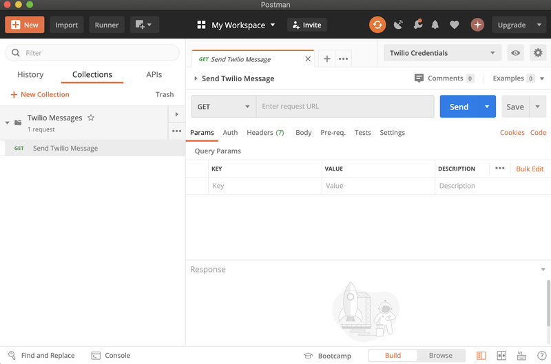 painel do postman mostrando a coleção &#x27;enviar mensagem do twilio&#x27;