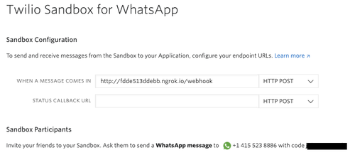capture d&#x27;écran de l&#x27;URL ngrok dans le champ de texte pour la sandbox Twilio WhatsApp