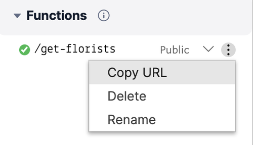The area in the Twilio Functions console where you can click the dropdown to change the protections and also where you can find the Copy URL option from clicking the three dots