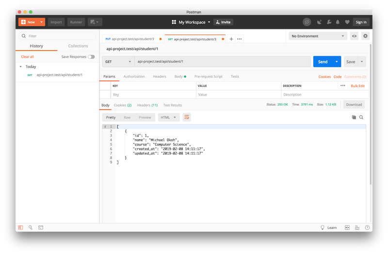 Visualização em Postman da solicitação GET para um único registro