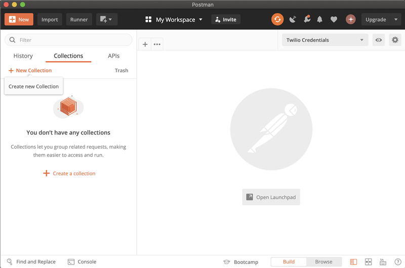 painel do postman selecione criar nova página de coleção