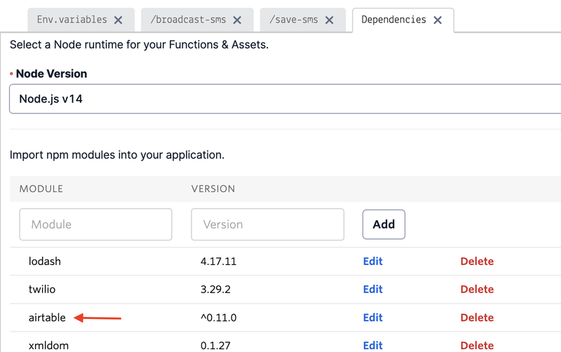 Screenshot showing where to find Airtable dependency