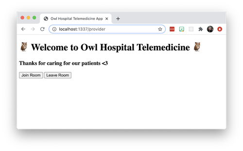 Captura de tela do front-end de um aplicativo de telemedicina. O texto grande diz 'Bem-vindo ao Owl Hospital Telemedicine'. O texto pequeno diz 'Obrigado por cuidar de nossos pacientes <3'. Há 2 botões, 'Entrar na sala' e 'Sair da sala'. A página não tem estilização.