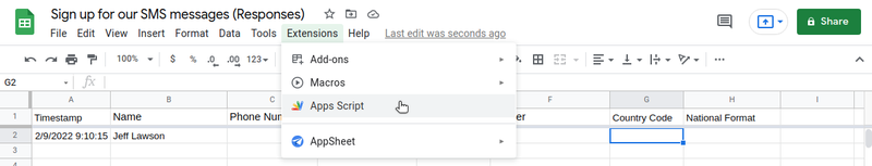 App Script editor in Google Sheets