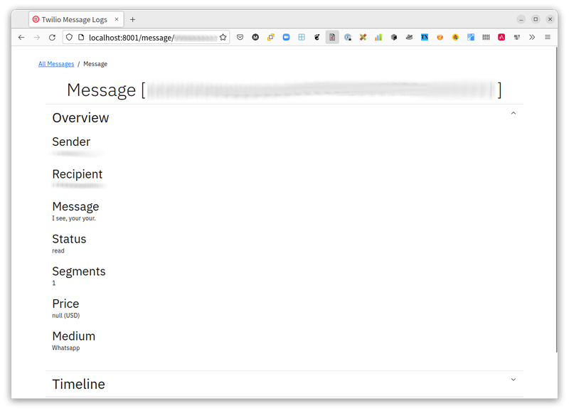 Screenshot of page showing message details