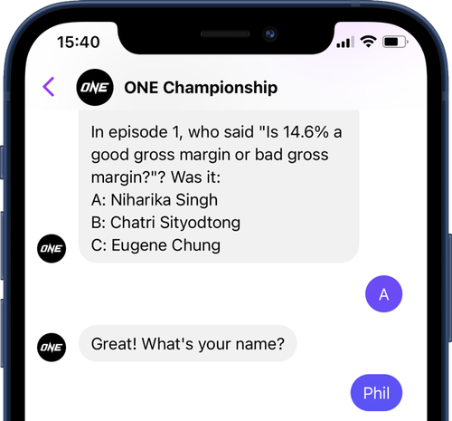A screen grab of talking with a bot over Facebook Messenger. It asks a question, I respond with the answer, then it asks for my name which I also respond to.