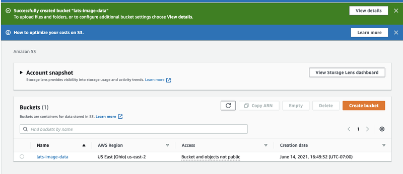 Amazon S3 dashboard showing list of buckets