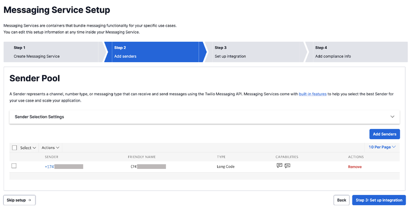 Step 2 of the Messaging Service Setup wizard