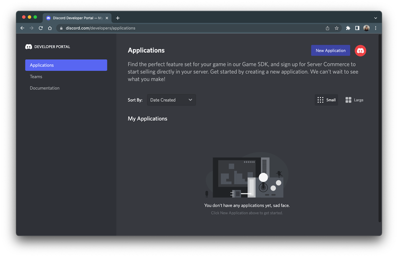 Applications page of the Discord Developer Dashboard