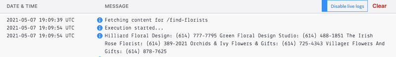 The Functions console with the Yelp API responses logged from the test call.