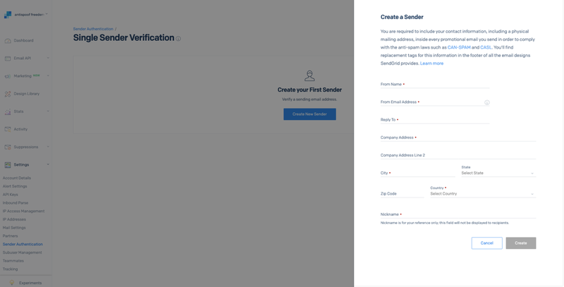 SendGrid - Single Sender Verification - Create New Sender
