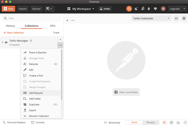 guia coletas do postman selecionando adicionar solicitação