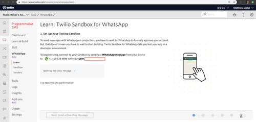 screen shot of the Twilio WhatsApp sandbox