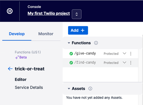 Screenshot of functions editor showing the left side and top of editor where the user can add a new function