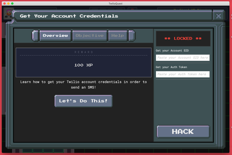 A screenshot of the objective's modal inside TwilioQuest, with the contents of the Overview tab in view.