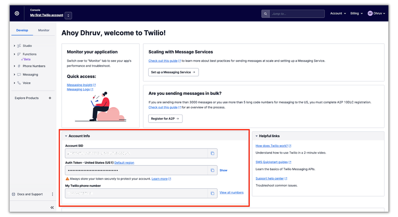 Twilio Console with account info box highlighted