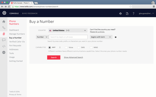 Tela de compra de número de telefone