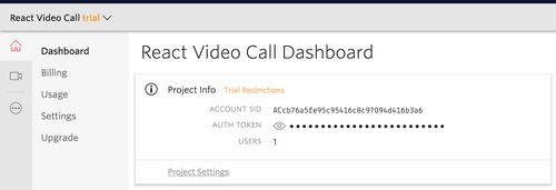 Console da Twilio com as informações de acesso a conta.