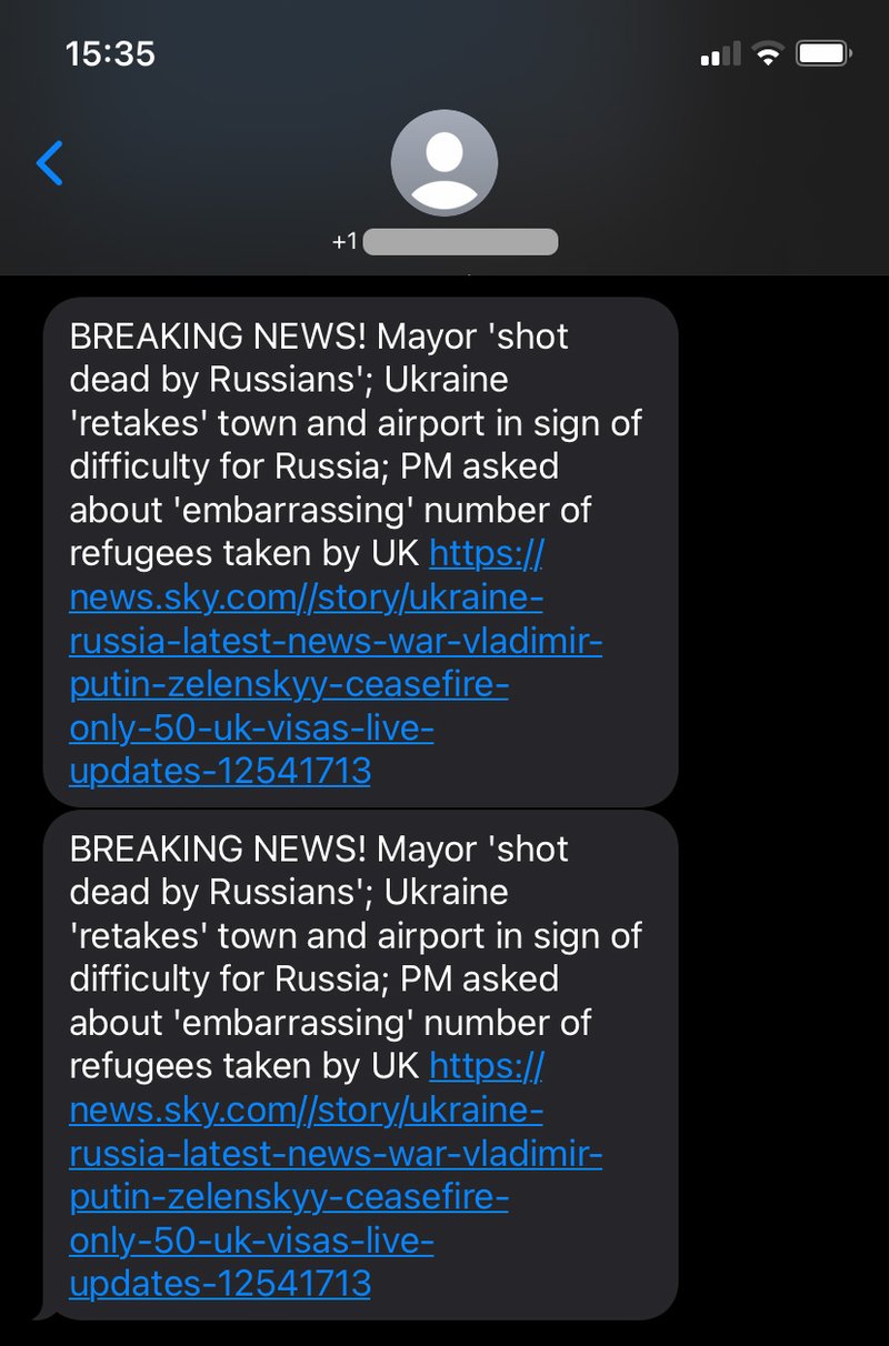 A long example of the SMS sent from the application