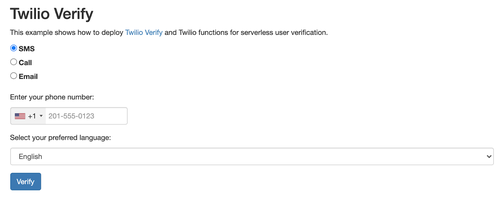 deployed application screenshot with a form to select a channel, enter a phone number, and submit button to verify