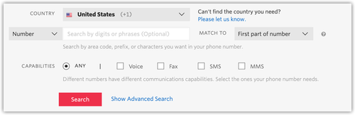 Interface d'achat de numéros de téléphones Twilio