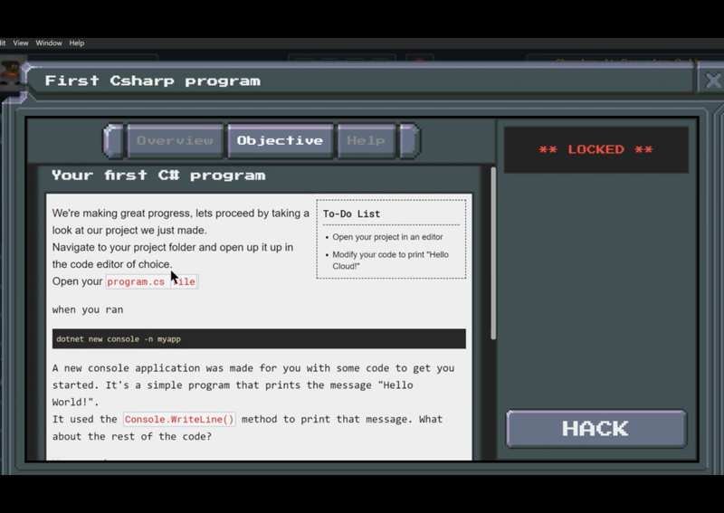 An in game objective, "Your first C# program"