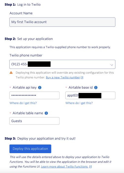 Screenshot showing credentials filled in for Twilio Quick Deploy App