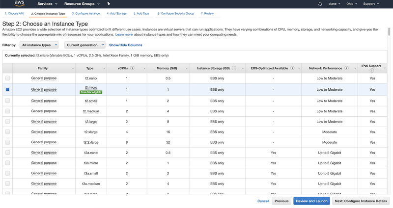 screenshot of step 2: choose an instance type