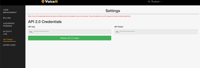 VoiceIt credentials