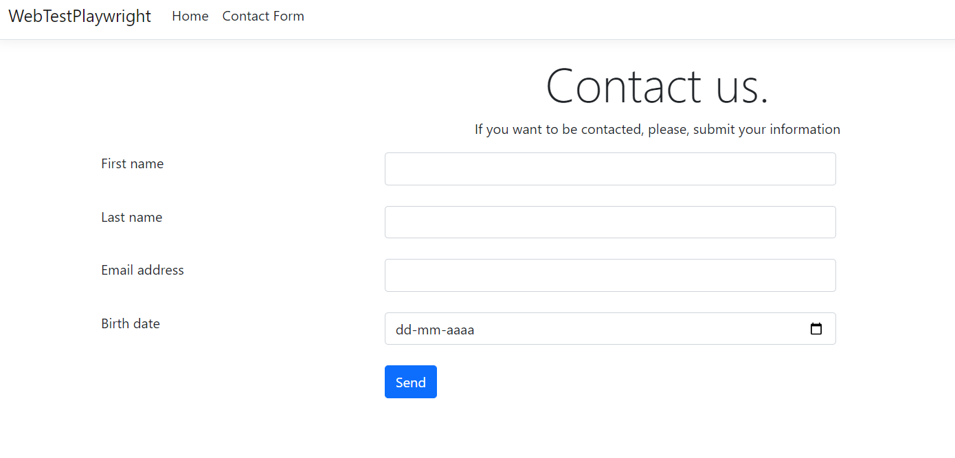 Page of the web app that contains the contact form, with the fields "First name", "Last name", "Email address" and "Birth Date".