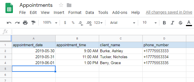 Google Sheets con las columnas apropiadas para este proyecto