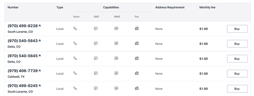List of phone numbers available to buy with the filters applied in the form.