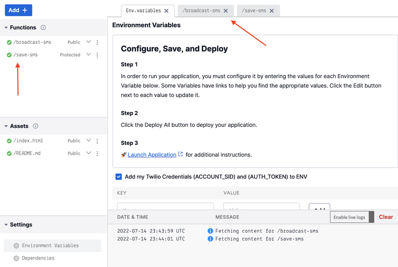 Screenshot showing what Twilio Functions look like after Quick Deploy