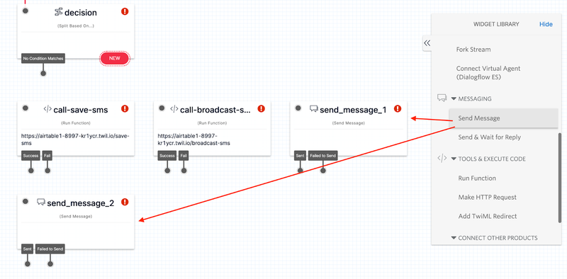 Screenshot showing where to position Send Message widgets in Studio Flow