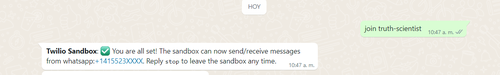 Confirmation message on WhatsApp indicating that the number is available to be used in test mode.