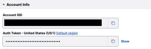Account Info box with two read-only fields "Account SID" and "Auth Token"