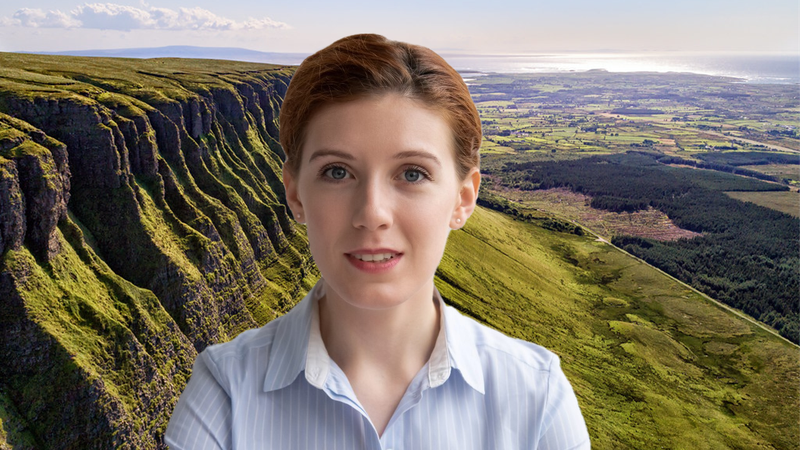 The person's image appears in front of a background image of green mountains and valleys.