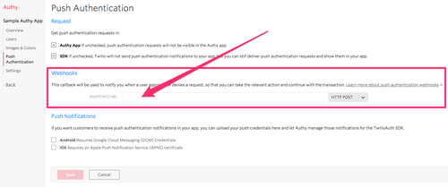 Authy push authentication callback in console settings