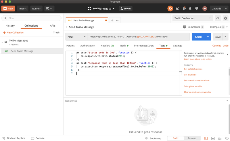painel do postman mostrando trechos de código da guia testes