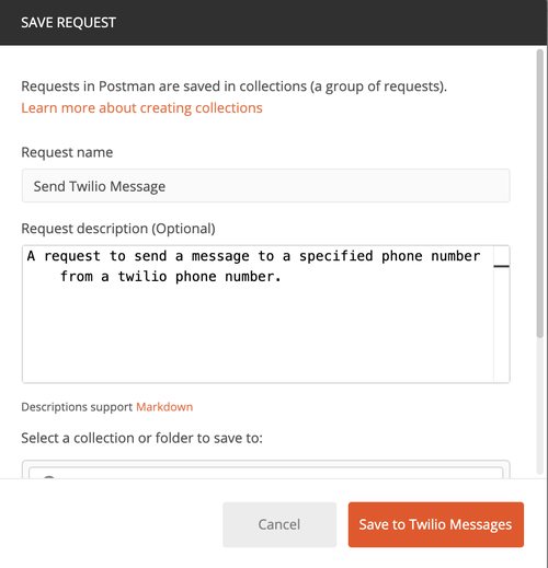 solicitação de salvamento do postman e descrição para solicitação de &#x27;enviar mensagem twilio&#x27;