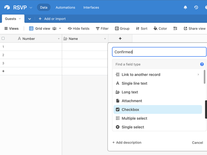 Screenshot showing modified Airtable base and process of adding a new column
