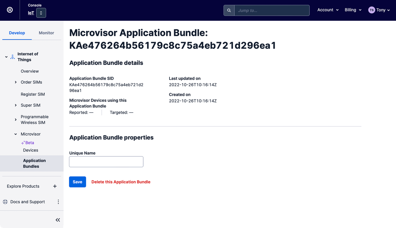 Your Microvisor app details in the Twilio Console
