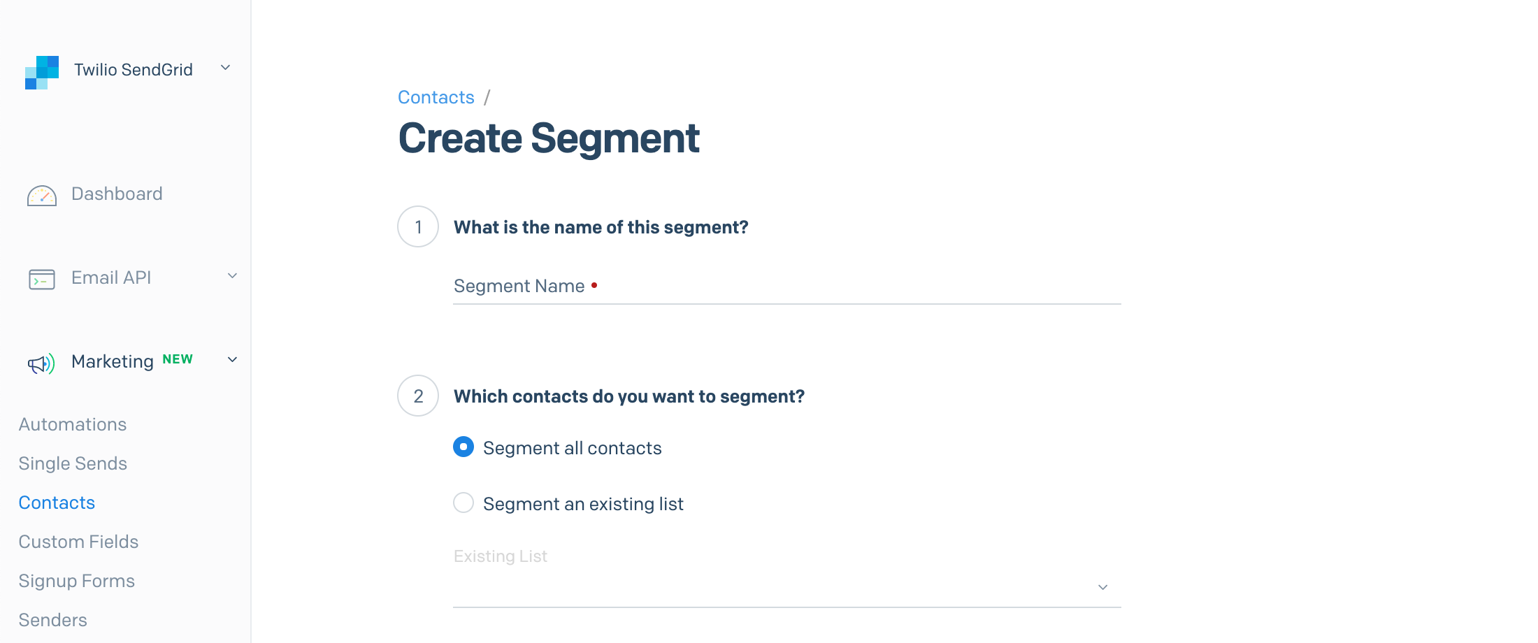 The contacts menu inside the SendGrid App, displaying the segment name field and list from which  the segment should be built.