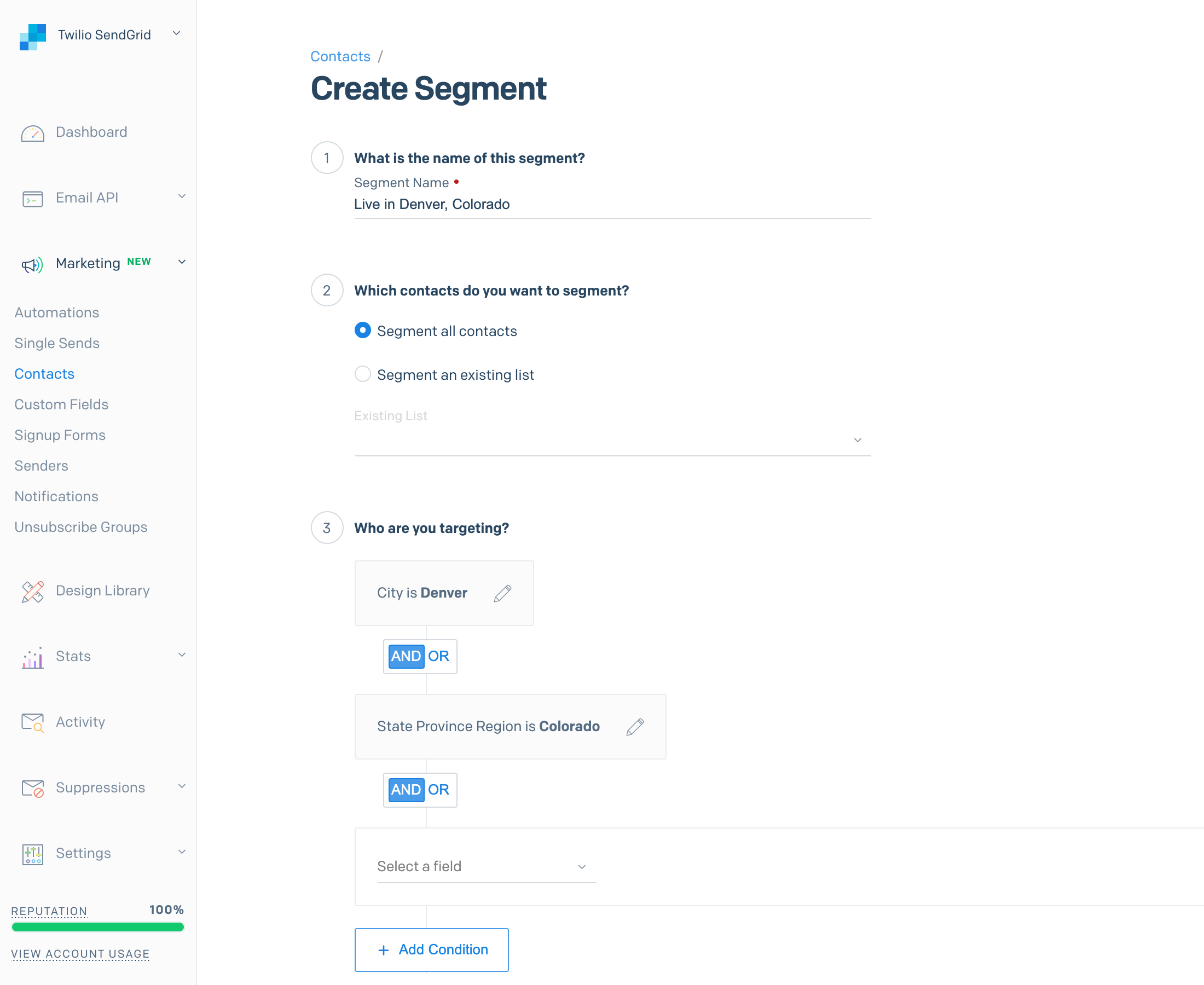 The segment builder inside Marketing Campaigns, displaying a new segment with a City condition set to "Denver" and a State, Province, Region condition set to "Colorado".