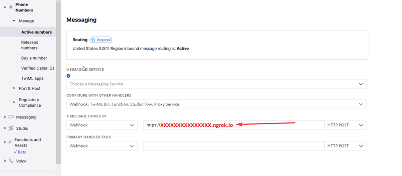 Where to add ngrok URL on Twilio console
