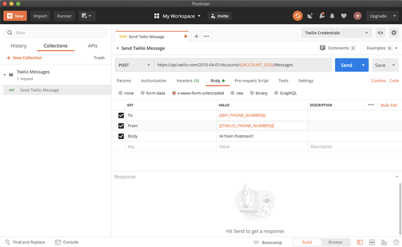 configurar as variáveis de ambiente para a coleção &#x27;enviar mensagem da twilio&#x27;