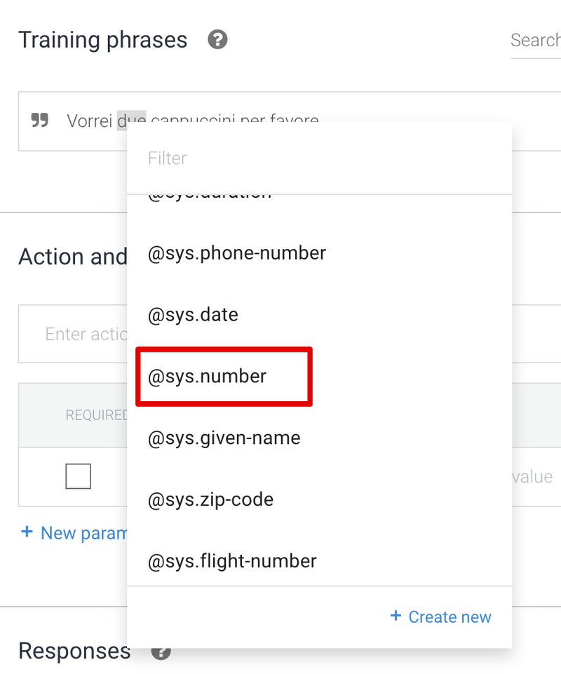 Tipi numerici in Dialogflow