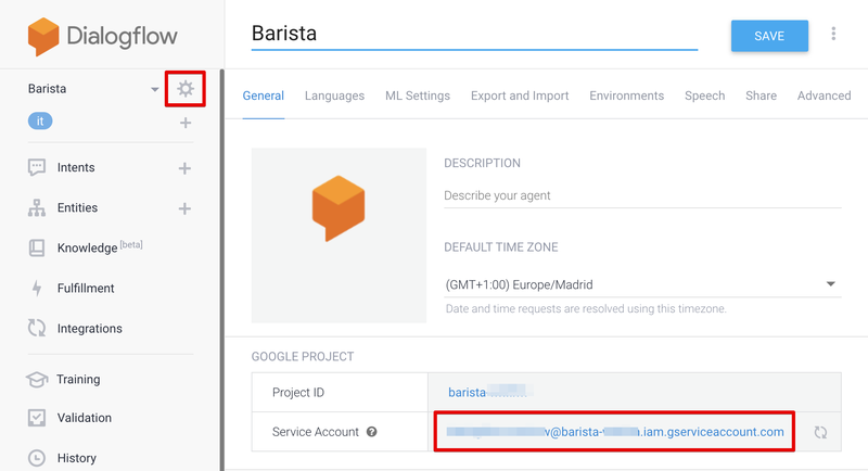 Schermata del progetto in Dialogflow