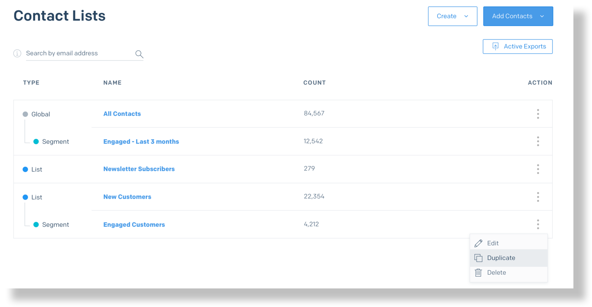 Duplicate a segment from the contact list page