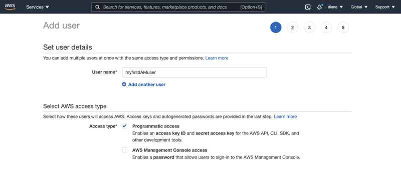 Options to Set user details in the user creation page for IAM users with the user name "myfirstIAMuser"